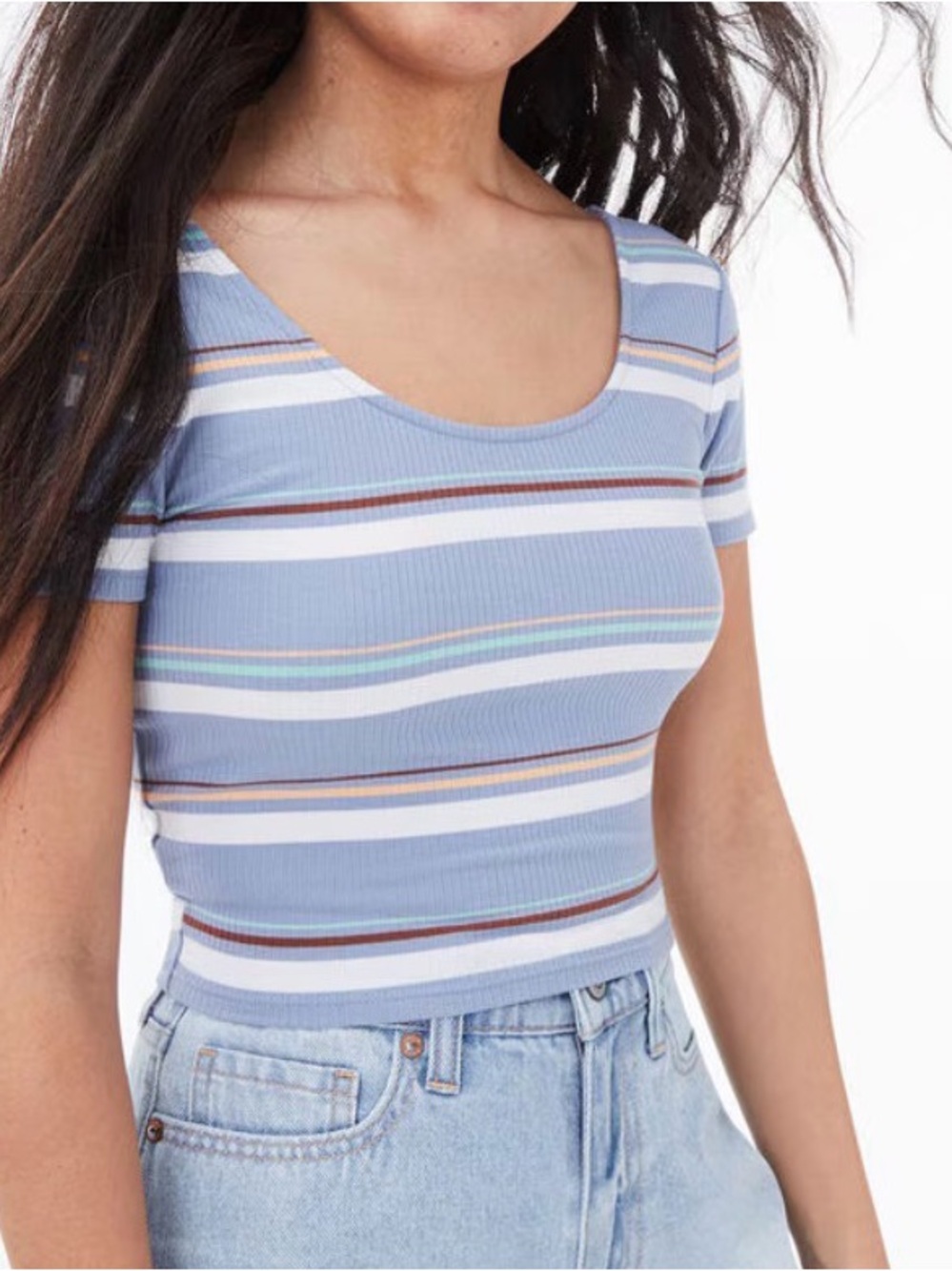 Aeropostale Light Blue Striped Ribbed Scoop Crop Top M